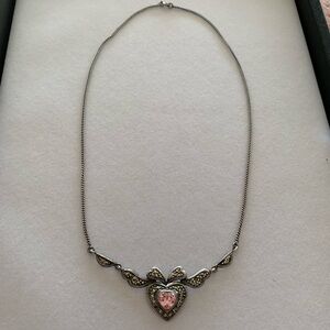 Vintage 925 Sterling Silver Antique Style Heart Pink Gem Marcasite Necklace 18”